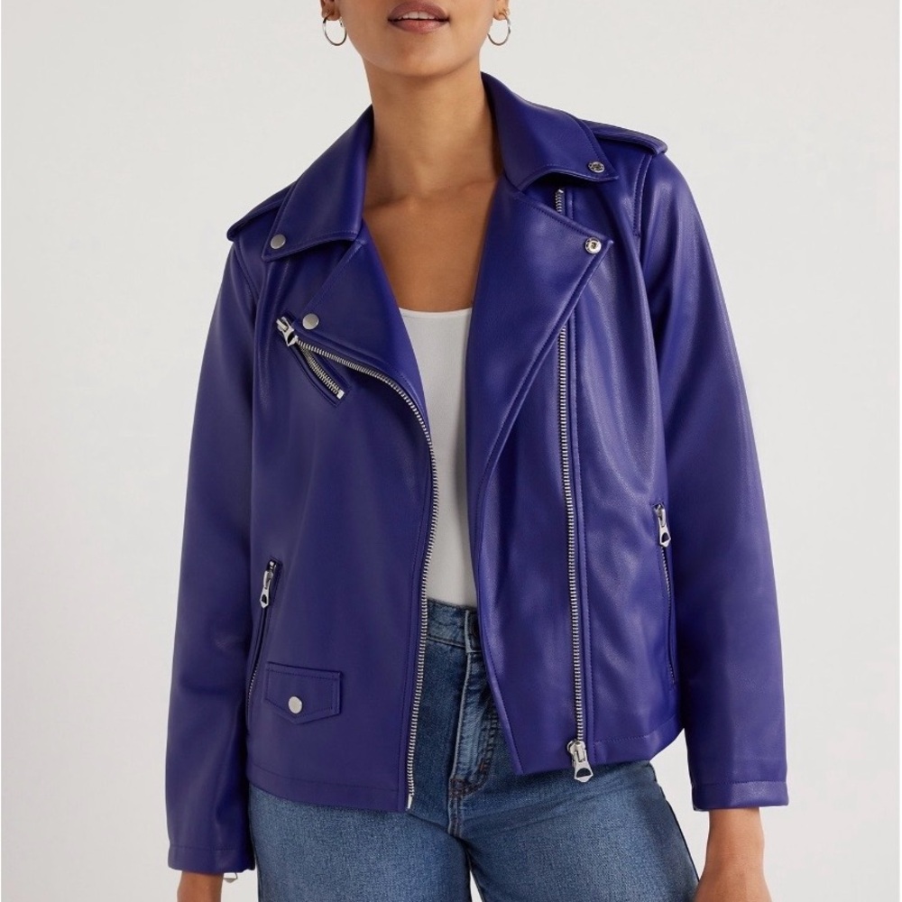 Scoop Women's Faux Leather Asymmetrical Zip Moto Jacket - Grape Blue
